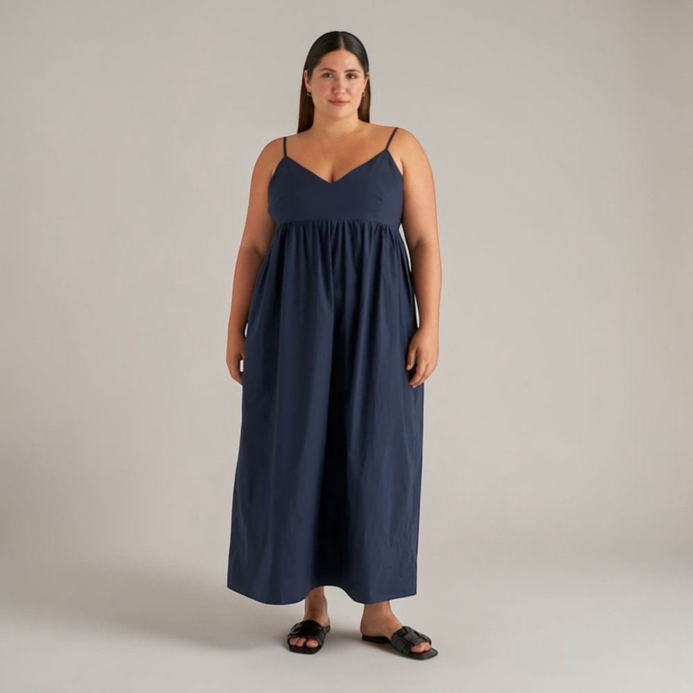 Quince Organic Cotton Navy Sleeveless Maxi Dress Smocked Back Sz L NWT - Picture 10 of 11